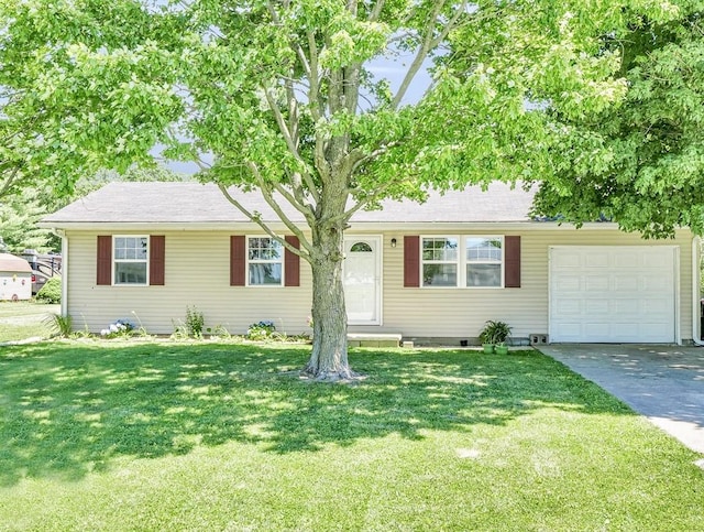 ranch-style house featuring a garage, concrete driveway, and a front lawn