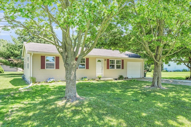 ranch-style house with a front yard, driveway, and an attached garage