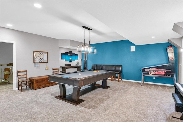 recreation room featuring carpet, pool table, baseboards, and recessed lighting