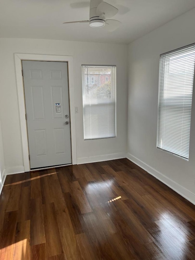 entrance foyer with ceiling fan and dark hardwood / wood-style flooring