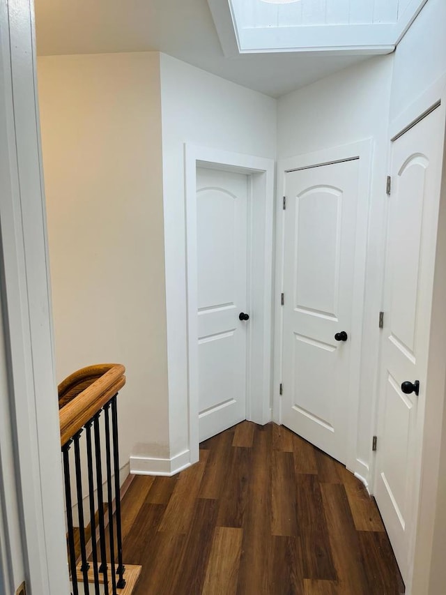 corridor with dark wood-type flooring and a skylight