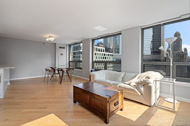 living room with light hardwood / wood-style floors and expansive windows