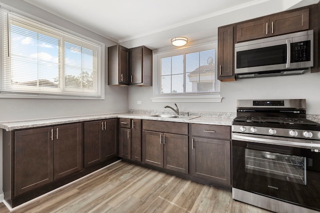 kitchen with appliances with stainless steel finishes, sink, dark brown cabinets, and light wood-type flooring