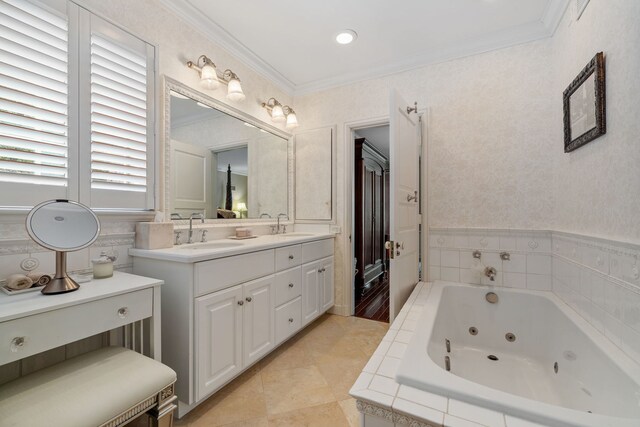 bathroom featuring crown molding, tile flooring, large vanity, and double sink