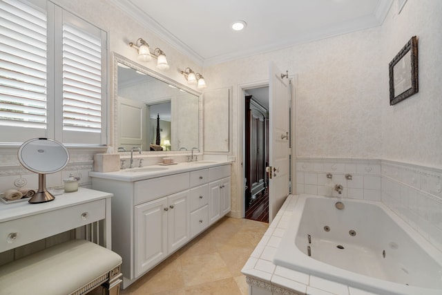 bathroom featuring crown molding, a sink, and wallpapered walls