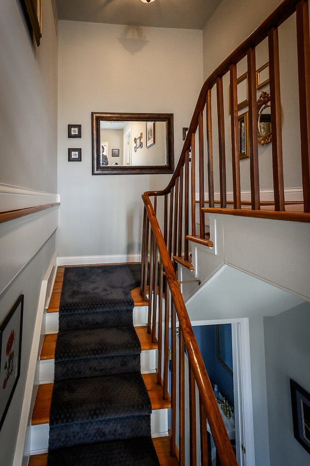stairway with hardwood / wood-style floors