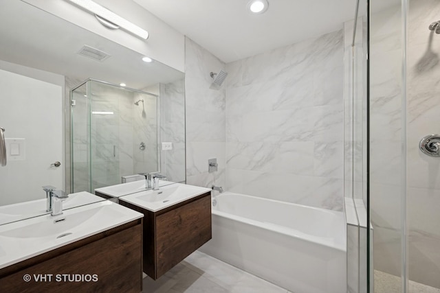 2550 W Thomas St, Chicago, IL 60622 - full bath with a tub, a stall shower, a sink, and two vanities