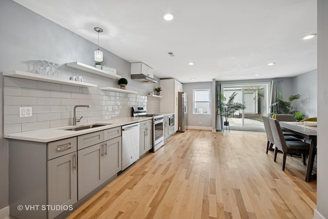 2550 W Thomas St, Chicago, IL 60622 - kitchen featuring open shelves, decorative backsplash, gray cabinets, a sink, and appliances with stainless steel finishes