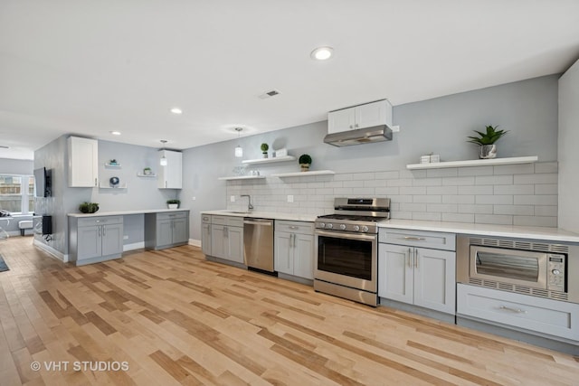 2550 W Thomas St, Chicago, IL 60622 - kitchen with decorative backsplash, gray cabinets, visible vents, appliances with stainless steel finishes, and open shelves