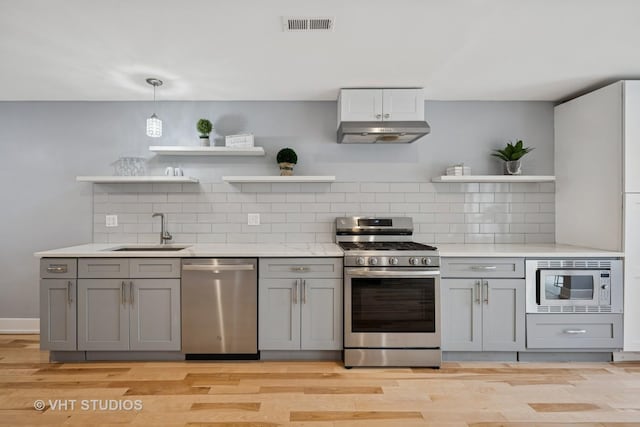 2550 W Thomas St, Chicago, IL 60622 - kitchen with open shelves, a sink, appliances with stainless steel finishes, and gray cabinetry