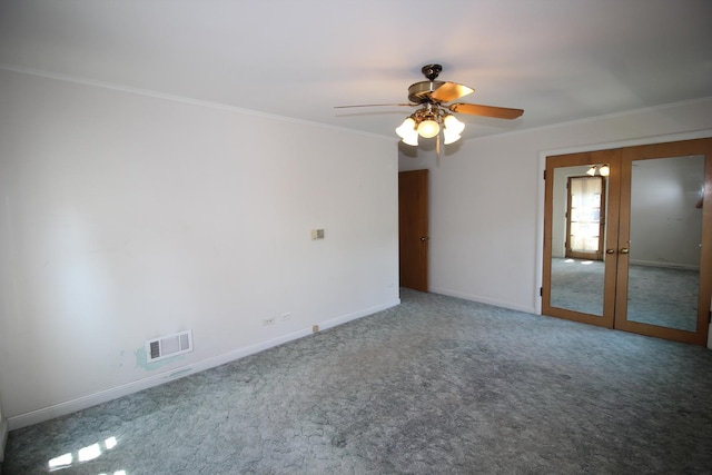 3415 W Maple St, Evergreen Park, IL 60805 - carpeted empty room with crown molding, french doors, and a ceiling fan