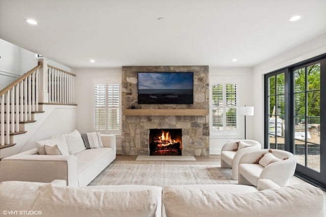 living room with a fireplace