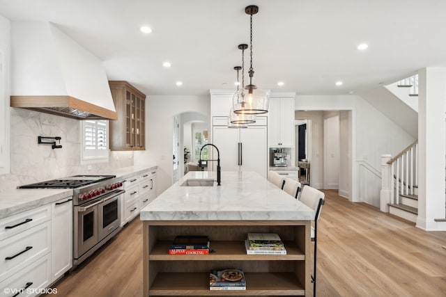 kitchen featuring sink, backsplash, light hardwood / wood-style flooring, and custom exhaust hood