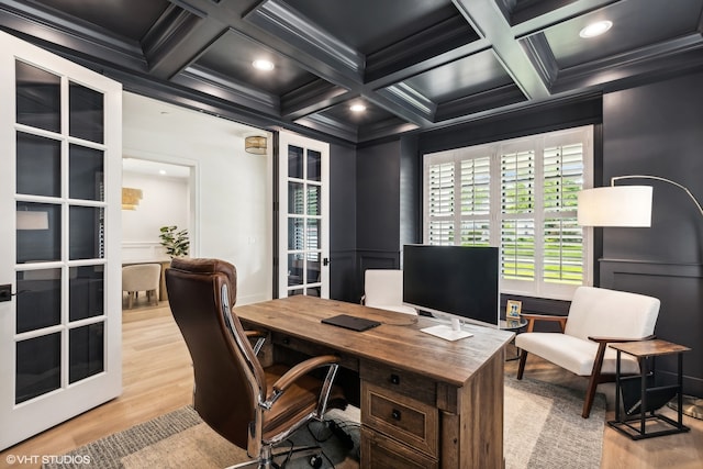 office area with beamed ceiling, coffered ceiling, hardwood / wood-style flooring, and crown molding