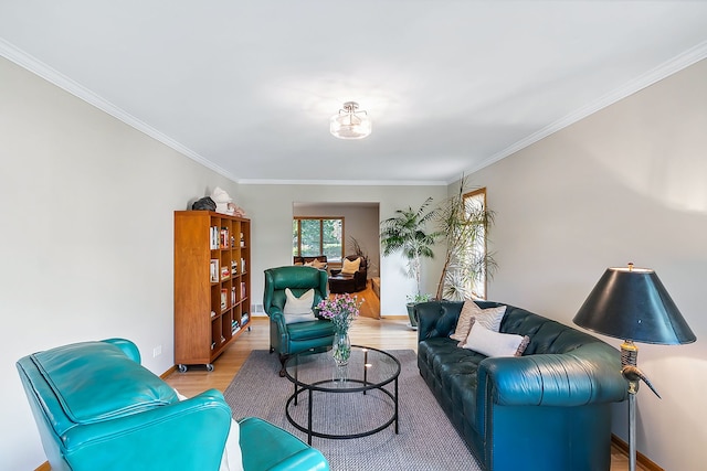 living area featuring baseboards, light wood-type flooring, and crown molding