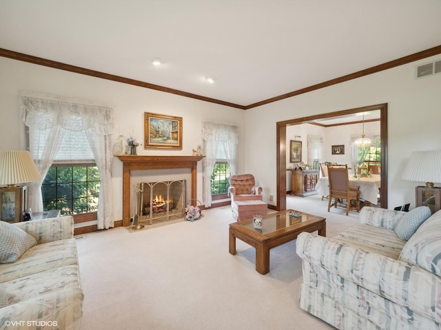 carpeted living room with crown molding