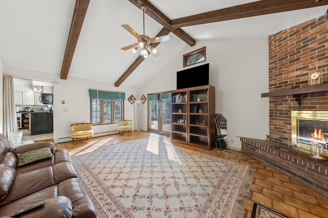 living room featuring ceiling fan, baseboard heating, high vaulted ceiling, a fireplace, and beamed ceiling