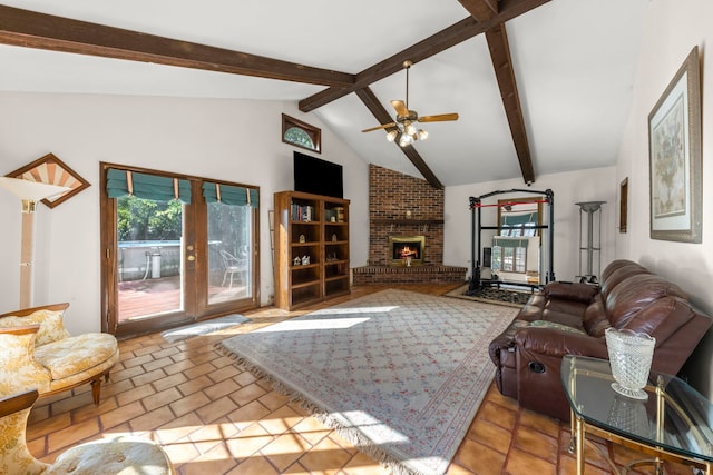 tiled living room with a brick fireplace, beam ceiling, high vaulted ceiling, and ceiling fan