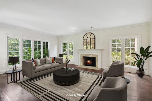 living room with hardwood / wood-style flooring, a high end fireplace, and crown molding