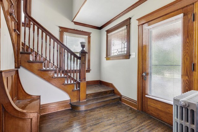 foyer entrance with ornamental molding, radiator, and hardwood / wood-style flooring