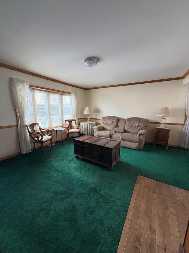 unfurnished living room with dark carpet and ornamental molding