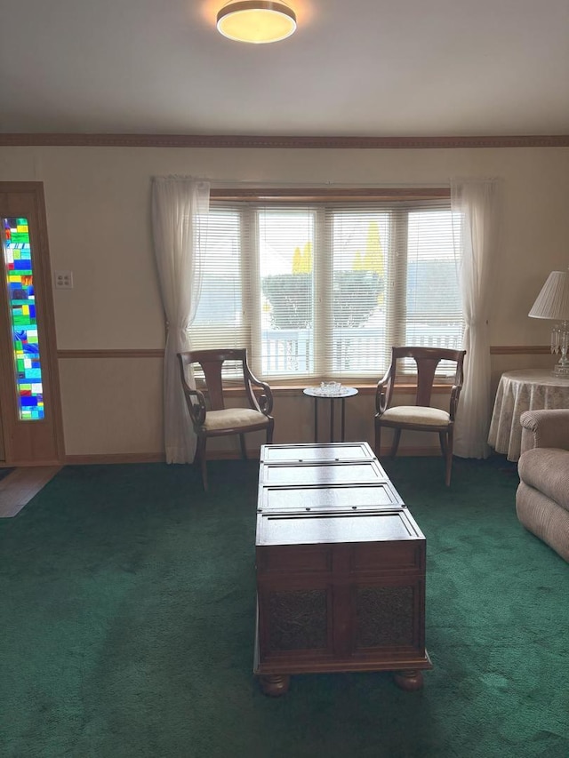 living room featuring dark carpet and crown molding