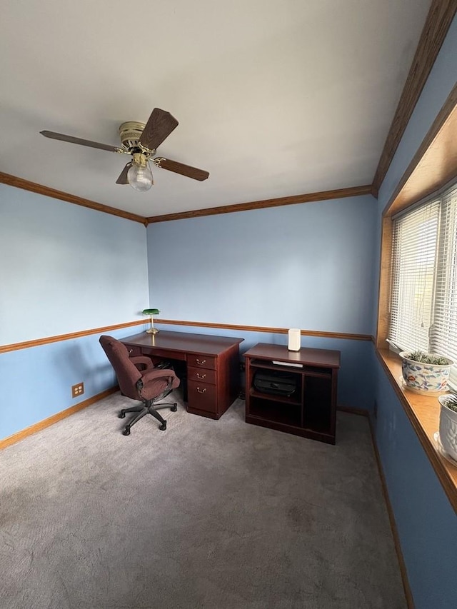 unfurnished office featuring dark carpet and crown molding