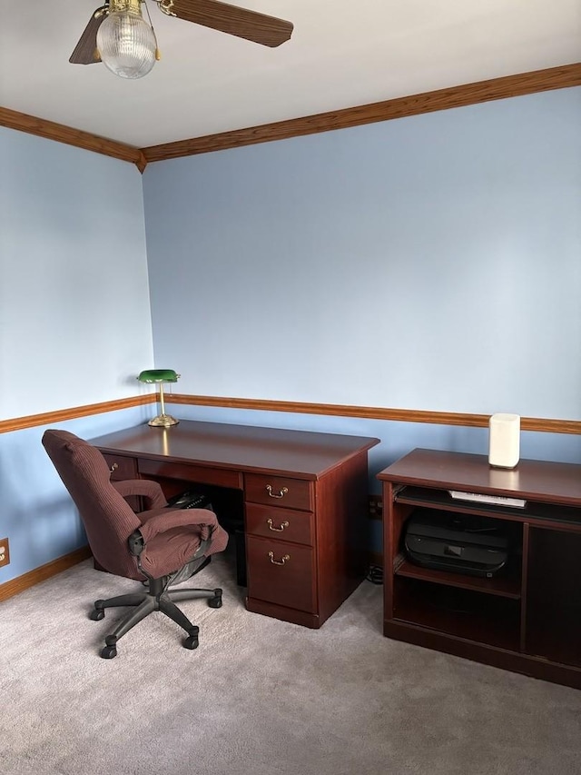 office with light carpet, crown molding, and ceiling fan