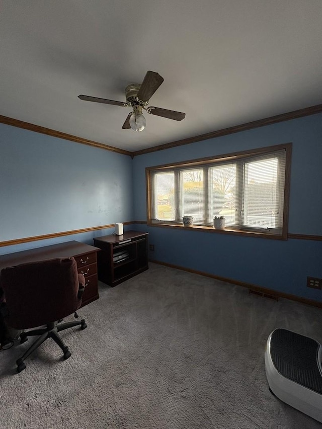 office featuring ceiling fan, ornamental molding, and carpet flooring