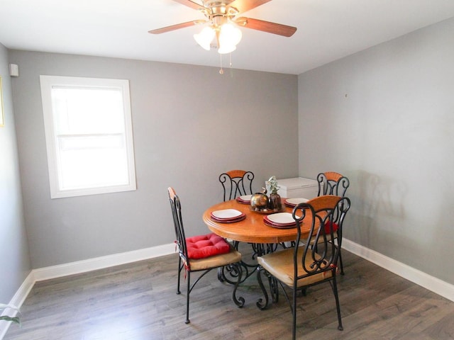 dining area with ceiling fan and dark wood-type flooring