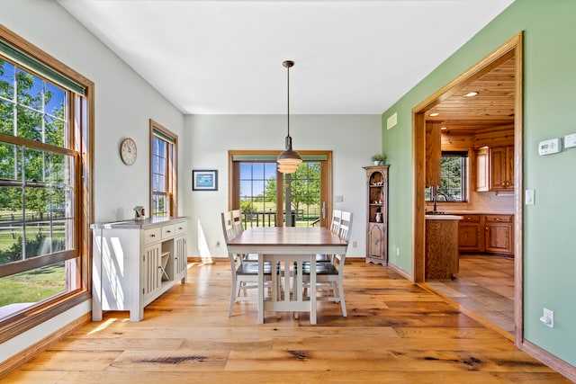 dining space featuring a wealth of natural light, sink, and light wood-type flooring