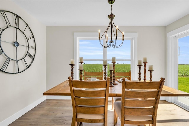 dining room with wood-type flooring, a wealth of natural light, and a notable chandelier