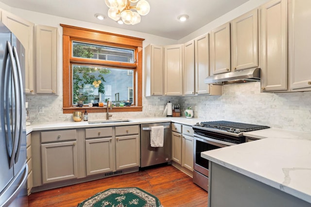 kitchen with appliances with stainless steel finishes, gray cabinetry, dark hardwood / wood-style flooring, and sink