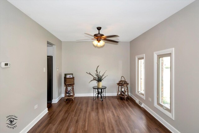 unfurnished room with ceiling fan, dark hardwood / wood-style floors, and plenty of natural light