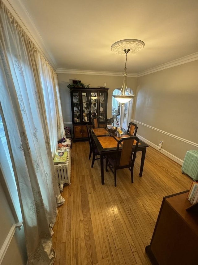 dining area with crown molding and hardwood / wood-style floors