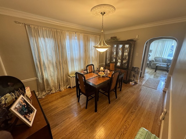 dining space with radiator heating unit, ornamental molding, and hardwood / wood-style flooring