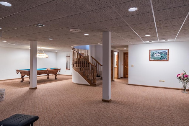 game room with carpet flooring, a drop ceiling, and pool table