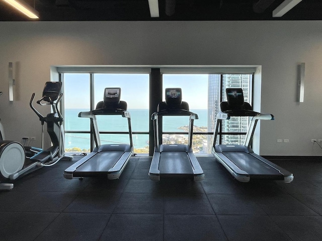 gym with a water view