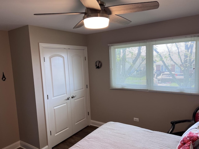 bedroom featuring baseboards, multiple windows, and a closet