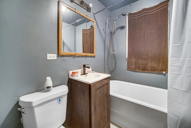 full bathroom with shower / bath combo with shower curtain, toilet, and vanity