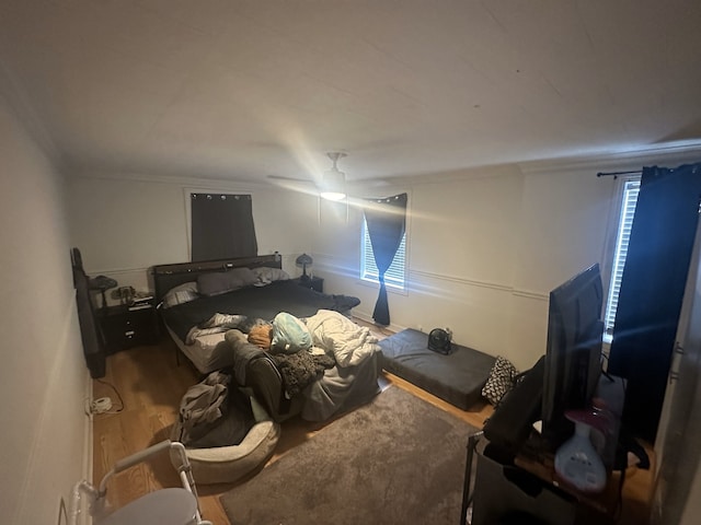 bedroom with ceiling fan and wood-type flooring