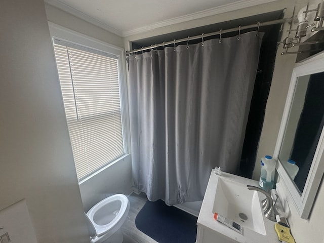 full bathroom featuring shower / tub combo with curtain, toilet, crown molding, and sink