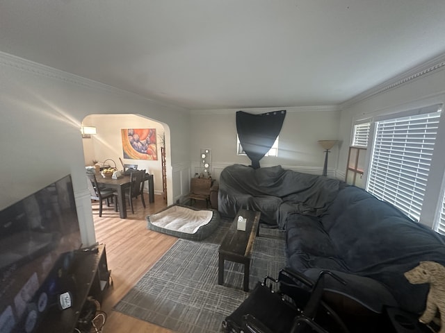 living room with hardwood / wood-style floors and ornamental molding