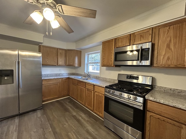 kitchen with ceiling fan, sink, dark wood-type flooring, crown molding, and appliances with stainless steel finishes