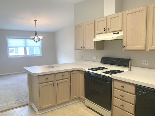 kitchen with dishwasher, gas range gas stove, decorative light fixtures, kitchen peninsula, and a chandelier