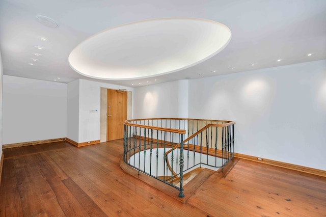 hall with hardwood / wood-style flooring and a tray ceiling