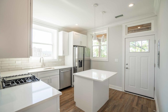 kitchen with pendant lighting, plenty of natural light, a center island, and appliances with stainless steel finishes