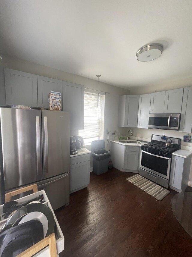 kitchen featuring stainless steel appliances, dark wood-type flooring, sink, gray cabinets, and hanging light fixtures