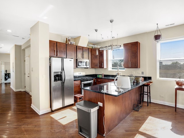 kitchen with hanging light fixtures, dark hardwood / wood-style floors, kitchen peninsula, plenty of natural light, and appliances with stainless steel finishes