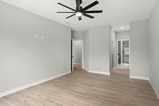 unfurnished room with ceiling fan and light hardwood / wood-style flooring